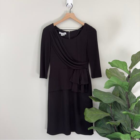 Kay Unger 3/4 Sleeve Sash Style Front Mini Dress Solid Black Zip Up Back Zipper - Picture 1 of 4